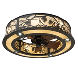 Bottom angle view of Whispering Pines chandelier fan showing layered lighting and wooden fan blades.