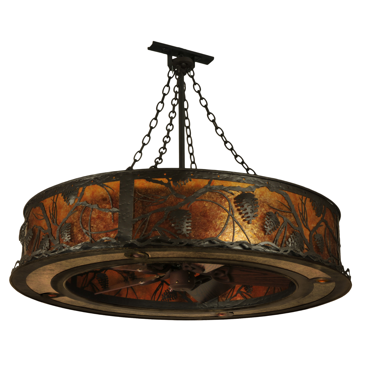 Bottom angle view showing detailed pinecone accents and bronze chain suspension.