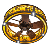 Bottom angle view showing wooden fan blades and integrated LED downlights.