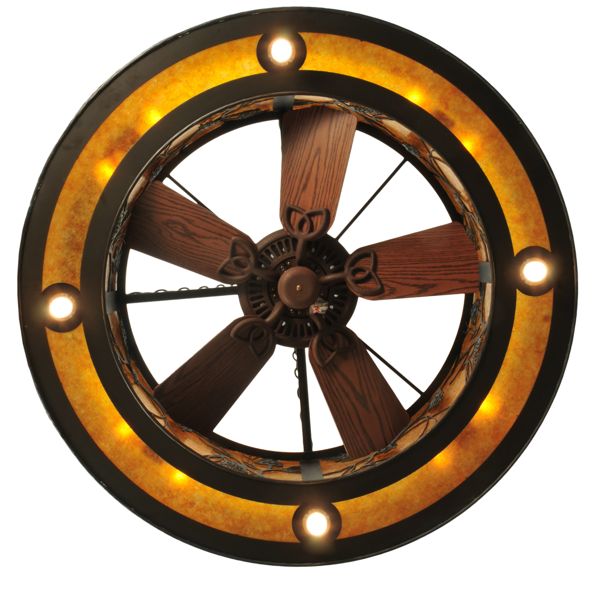 Bottom angle showcasing fan center and circular amber mica ring.