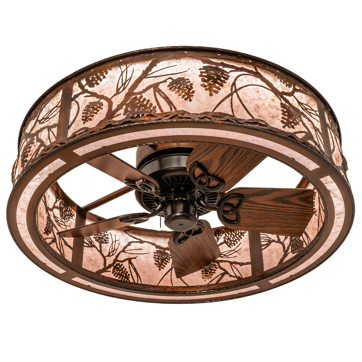 Whispering Pines Chandel-Air showing fan blades and lit mica diffuser.