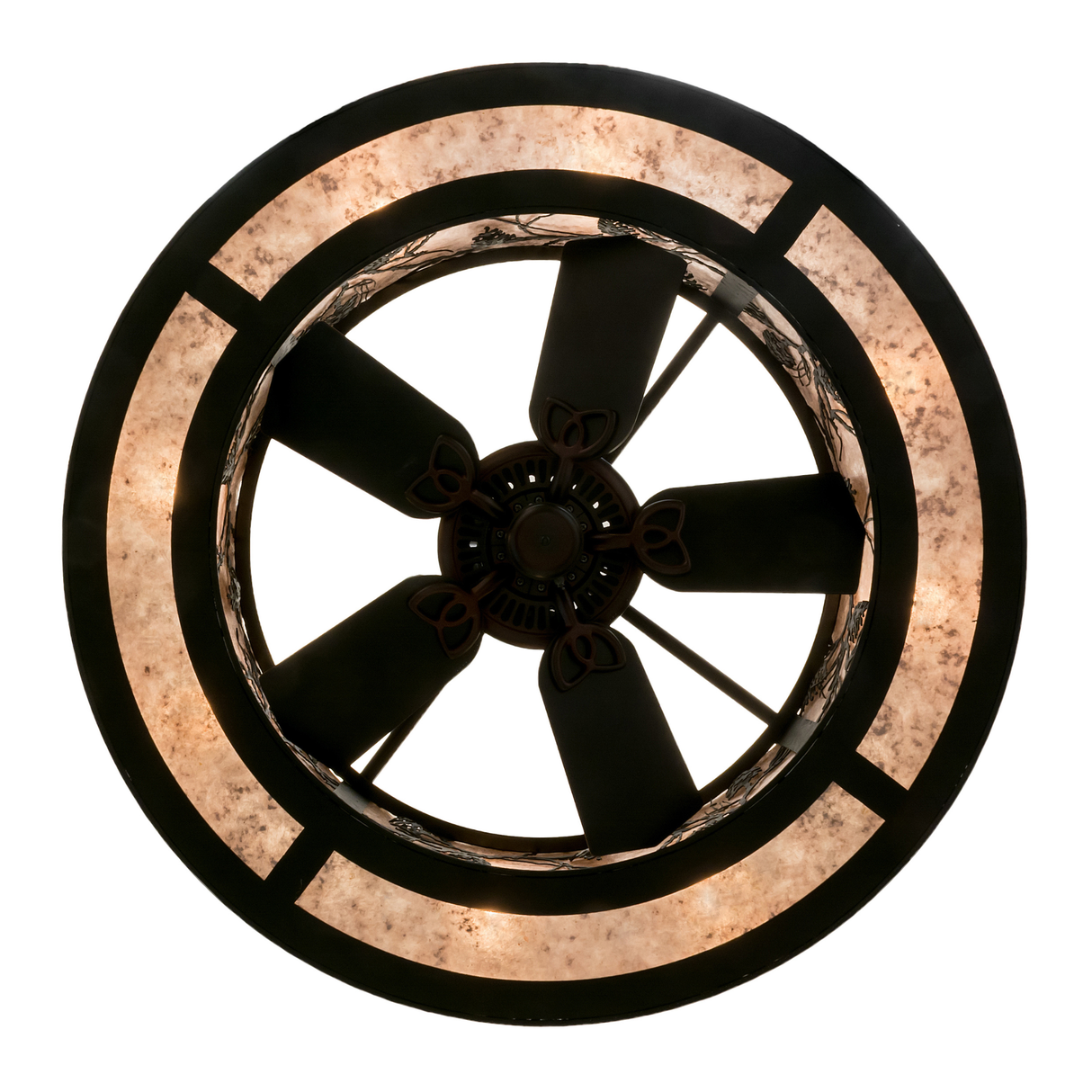 Bottom lit view revealing fan blades framed by circular mica panels.