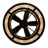 Bottom lit view revealing fan blades framed by circular mica panels.