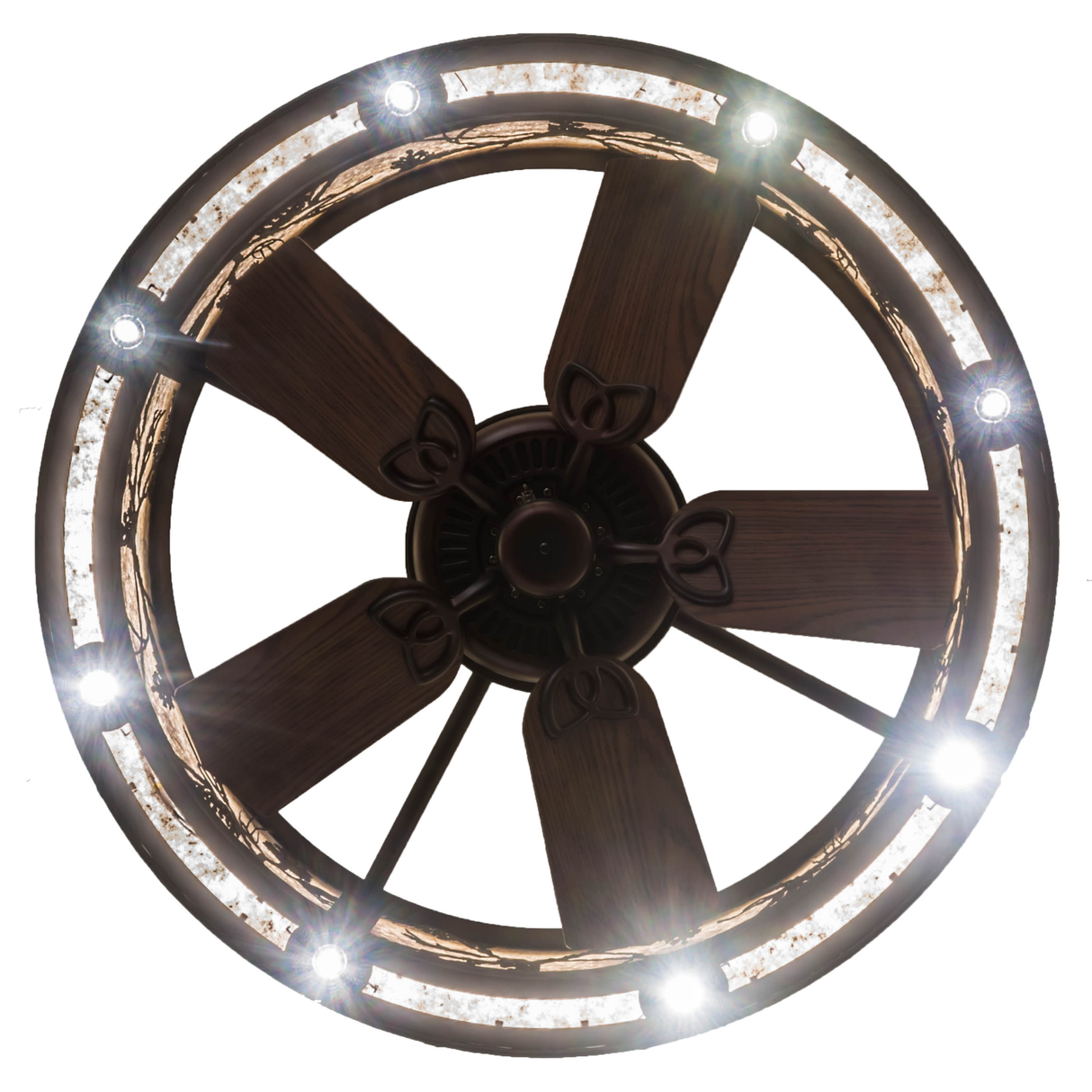Direct bottom lit view showing fan layout and glowing mica diffuser.