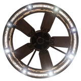 Direct bottom lit view showing fan layout and glowing mica diffuser.
