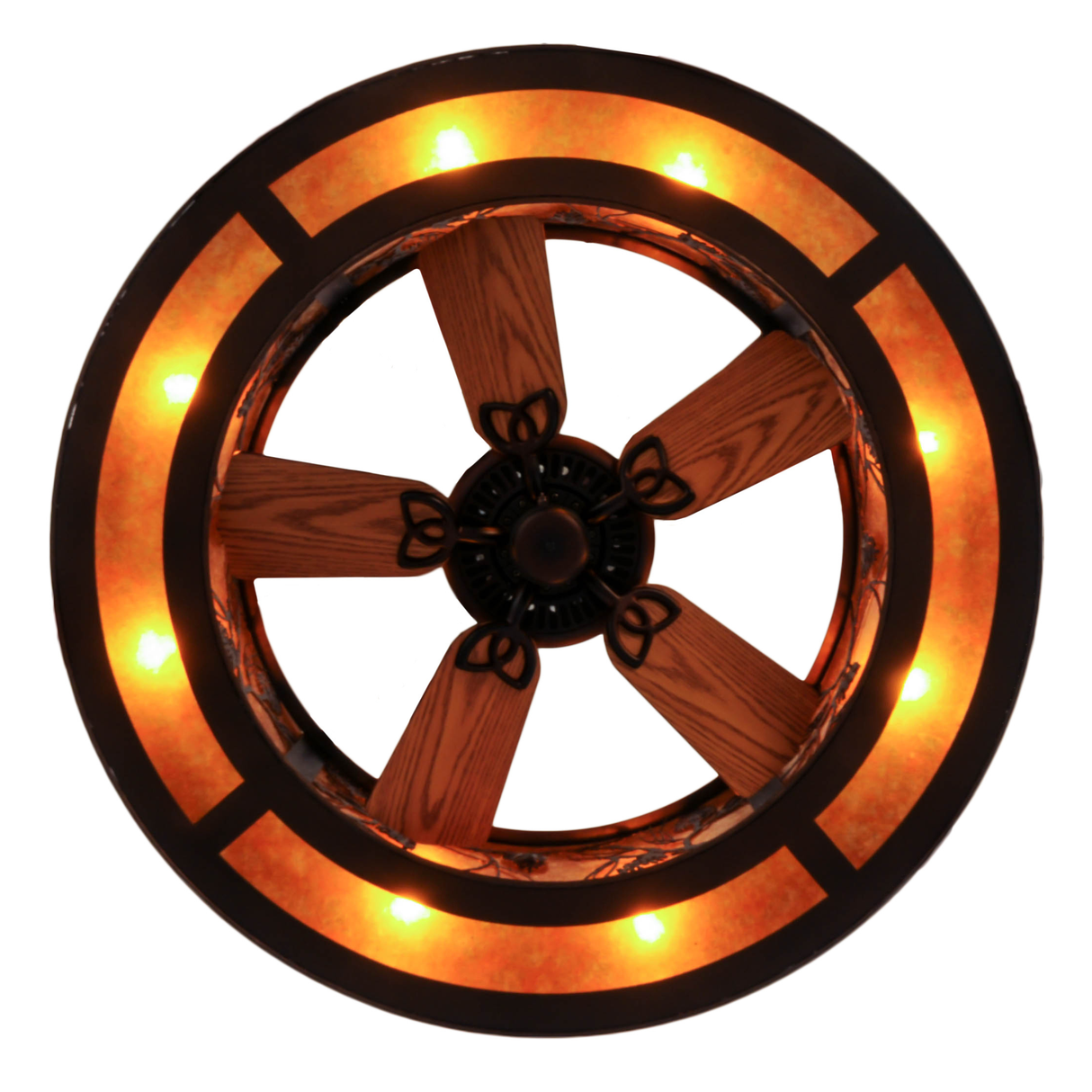 Bottom lit view revealing wood fan blades and circular amber lighting.