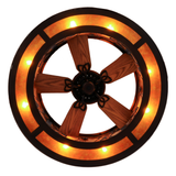 Bottom lit view revealing wood fan blades and circular amber lighting.