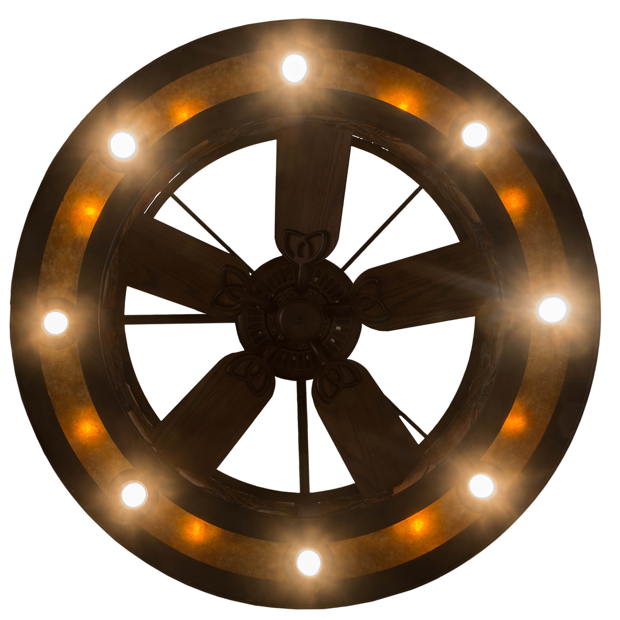 Bottom lit view focusing on fan center with glowing amber illumination.