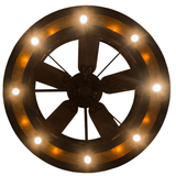 Bottom lit view focusing on fan center with glowing amber illumination.