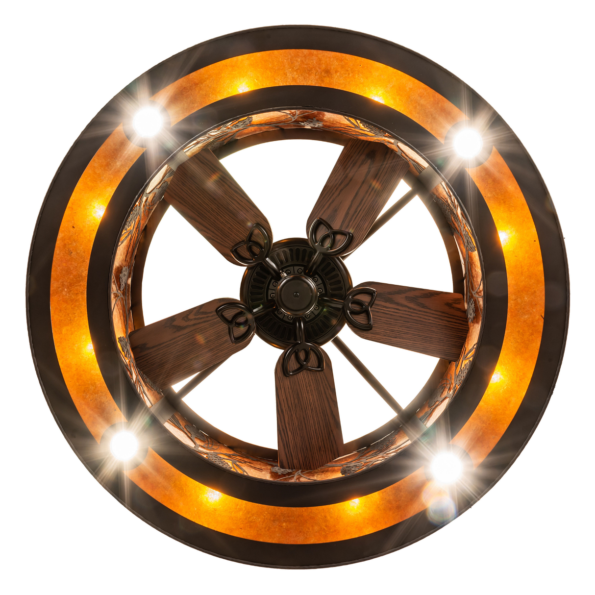 Bottom view of Whispering Pines Chandel-Air showing fan blades and glowing amber rings.