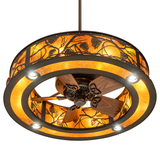 Bottom view of Whispering Pines Chandel-Air displaying lit fan and warm lighting.