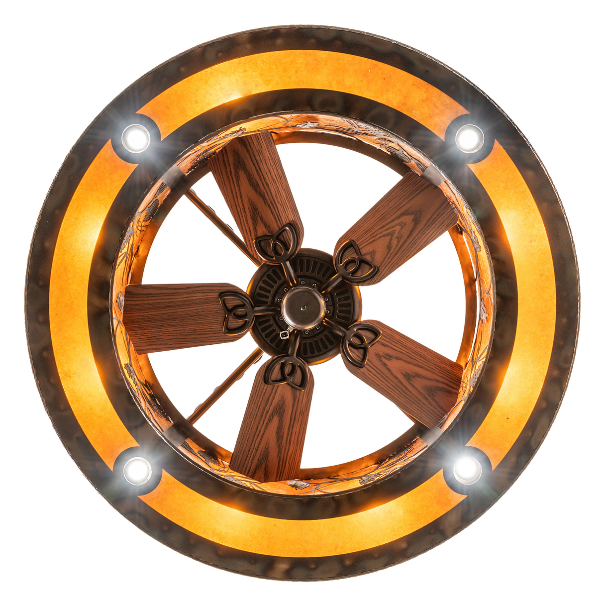 Bottom lit view showing five wooden fan blades encircled by amber mica diffuser.