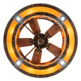 Bottom lit view showing five wooden fan blades encircled by amber mica diffuser.