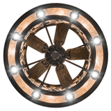 Direct bottom lit view showcasing wooden fan blades and radiant mica ring lighting.