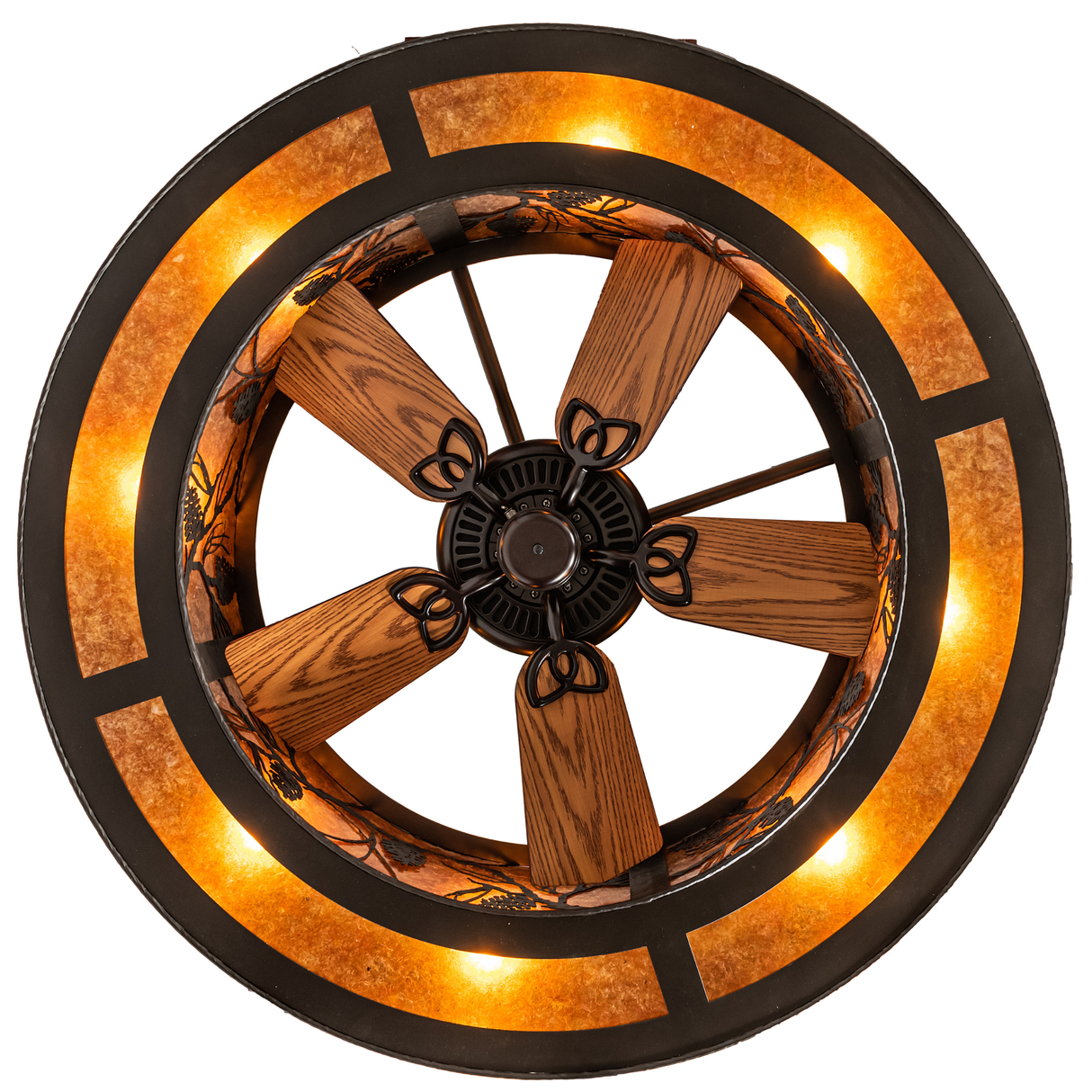 Bottom view showing fan center surrounded by softly glowing light ring.