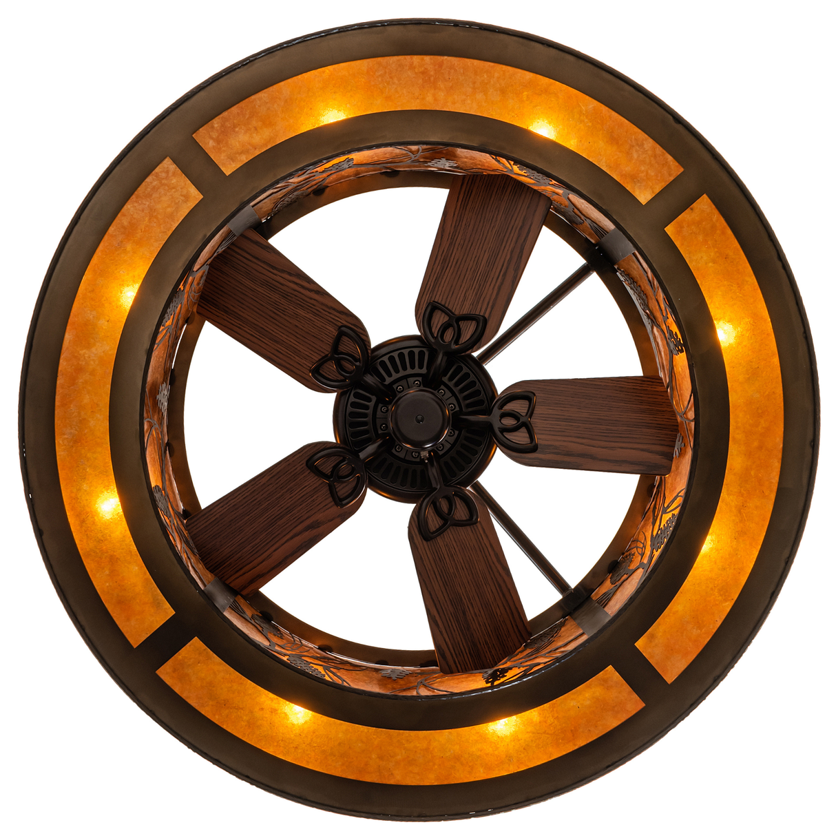 Direct bottom view of fan blades surrounded by glowing amber mica diffuser.