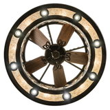 Direct bottom view showing fan blades framed by glowing circular lighting.