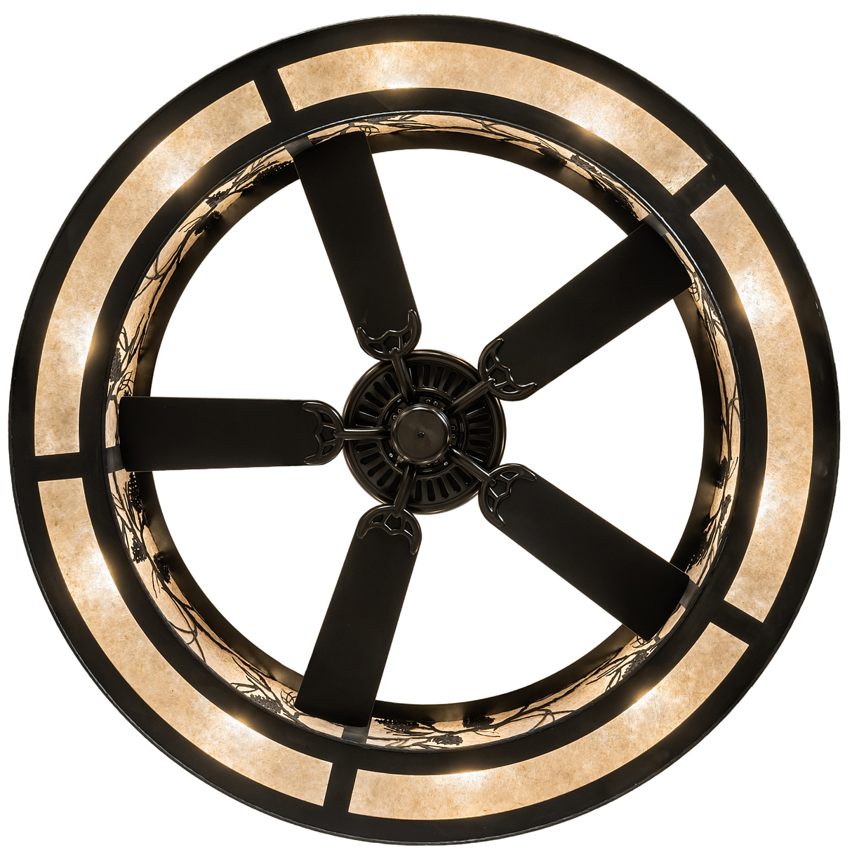 Bottom view of integrated fan and lighting behind mica diffuser.