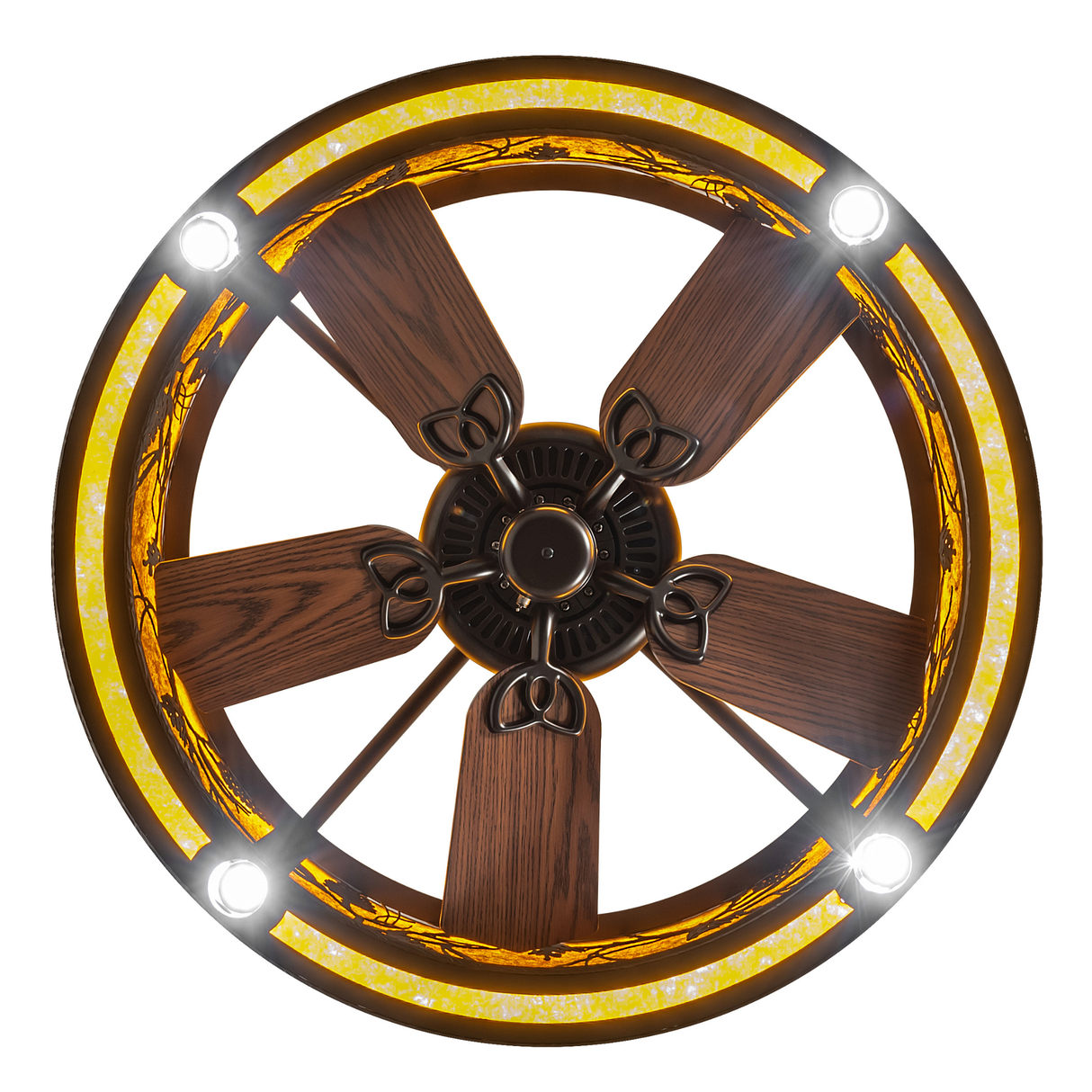 Bottom view of Whispering Pines Chandel-Air showcasing balanced LED lighting.
