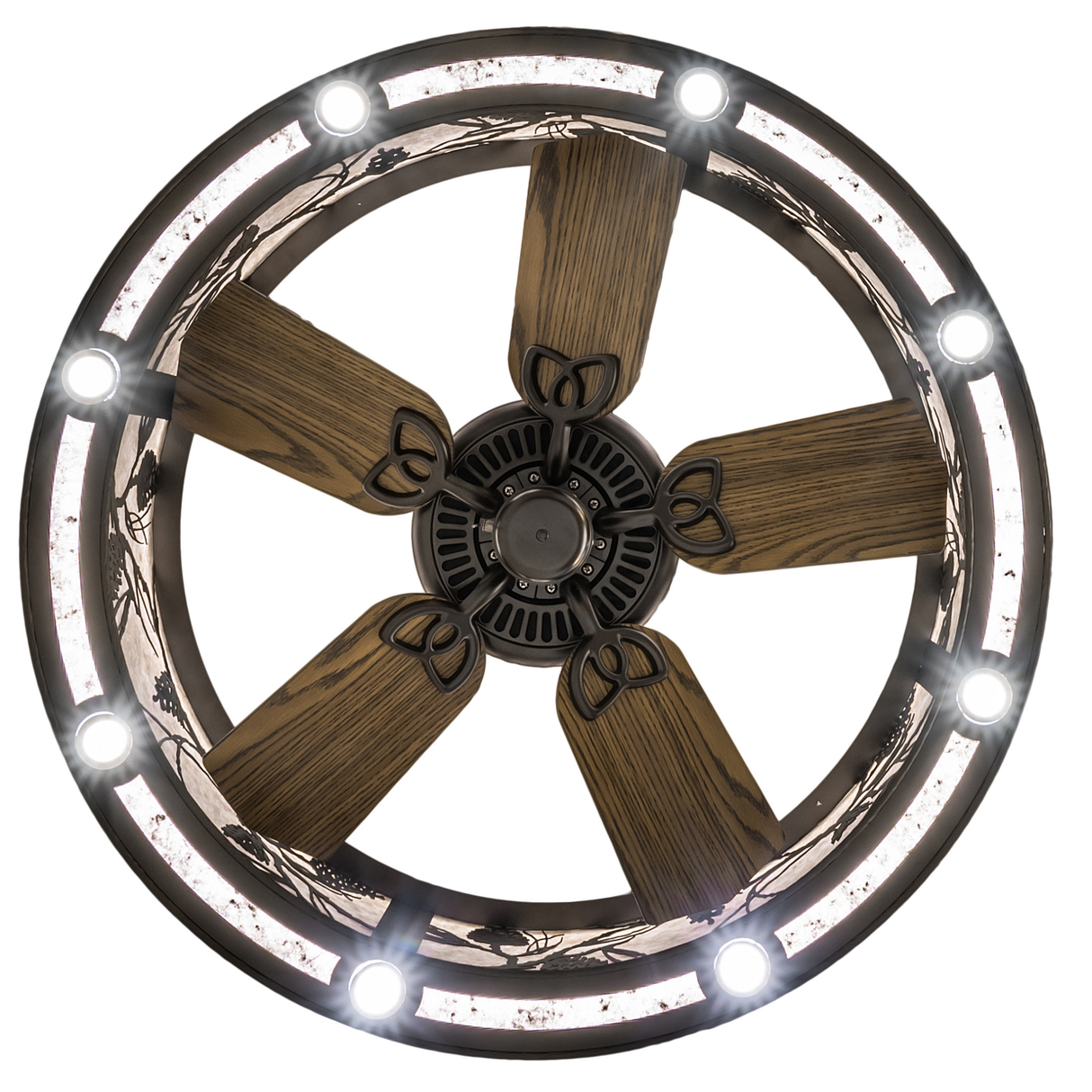 Bottom view displaying fan blades and mica illumination.
