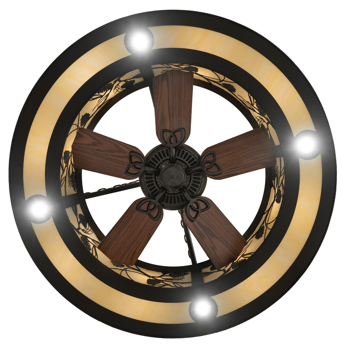 Bottom view of Whispering Pines chandelier fan featuring integrated downlights and fan blades.