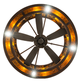 Bottom perspective of Whispering Pines chandelier fan with lights on.