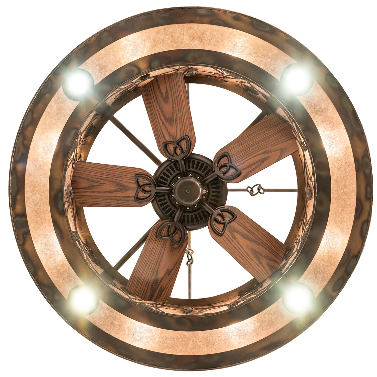 Bottom view of Whispering Pines Chandel-Air illuminated with warm glow.