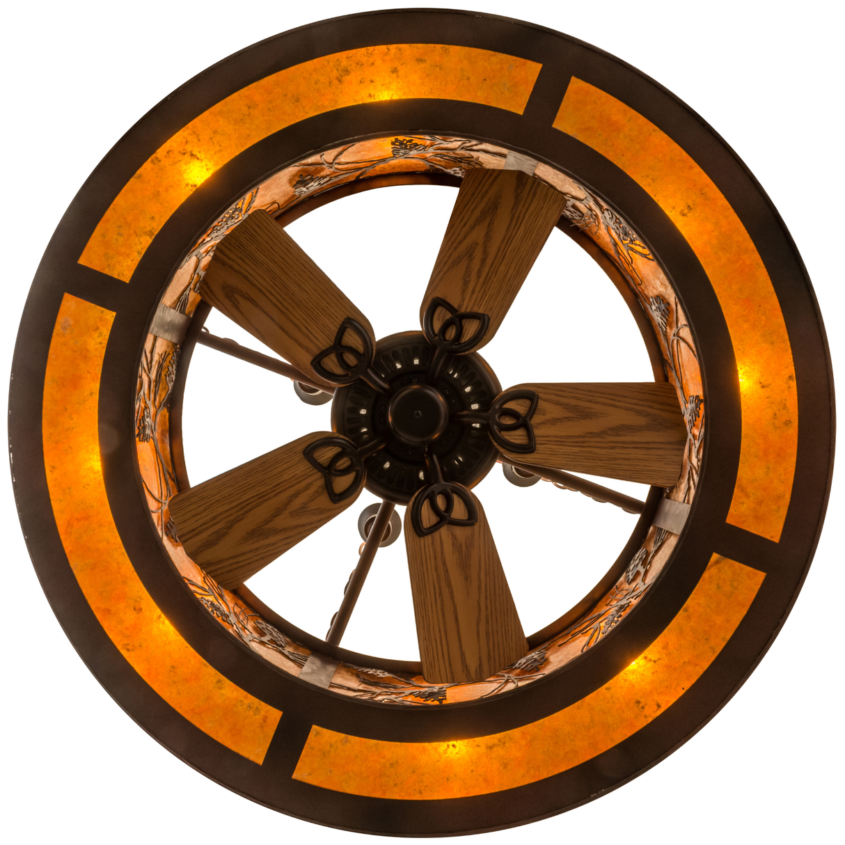 Bottom view showing fan blades with amber mica lighted ring.