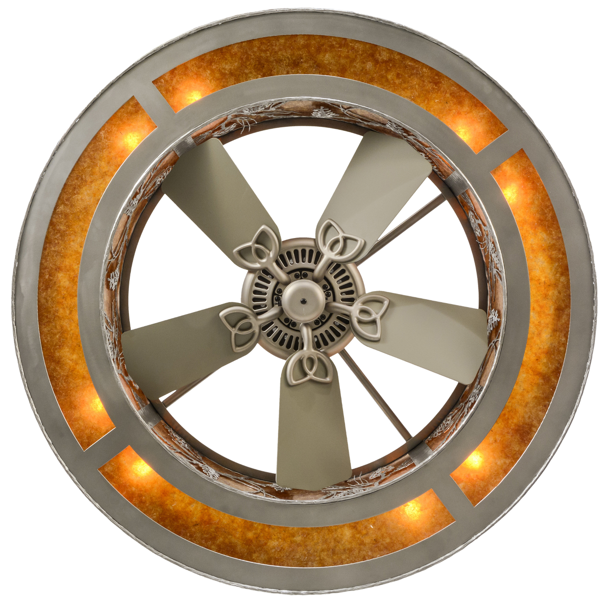 Bottom lit view showing fan blades encased in glowing mica shade.