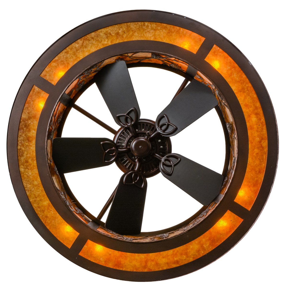Bottom view showing illuminated fan and circular mica diffuser.
