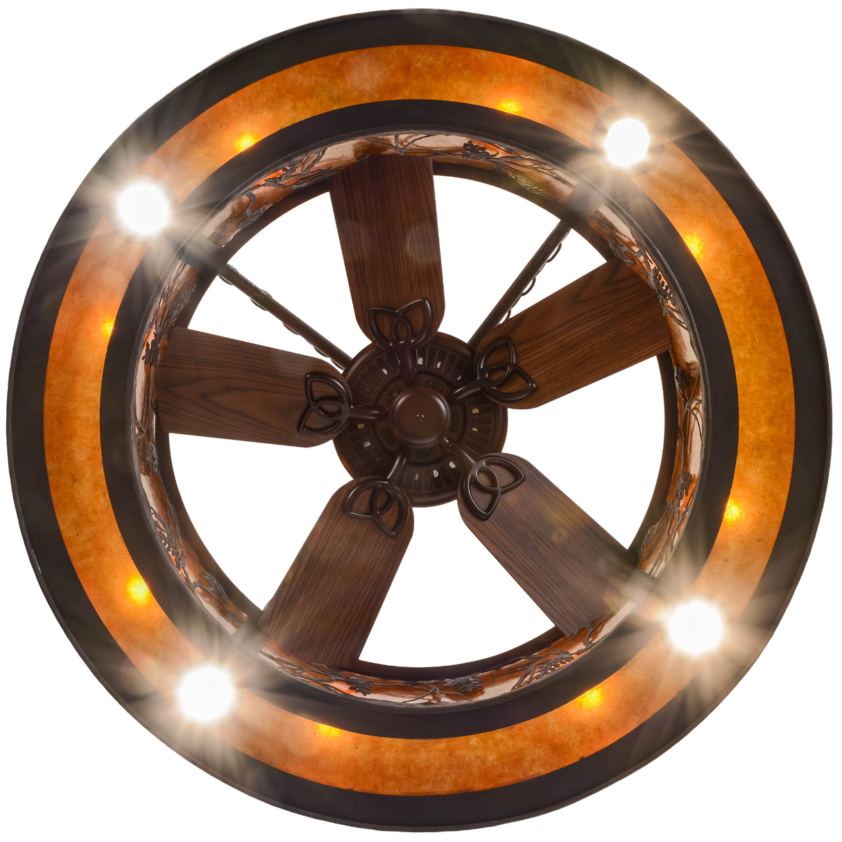Bottom lit view showing fan blades and glowing mica diffuser.