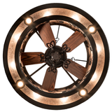 Bottom lit view showing integrated fan and circular lighting design.