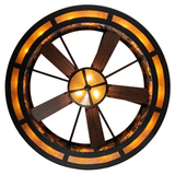 Bottom view showing fan blades, warm lights, and geometric pattern.