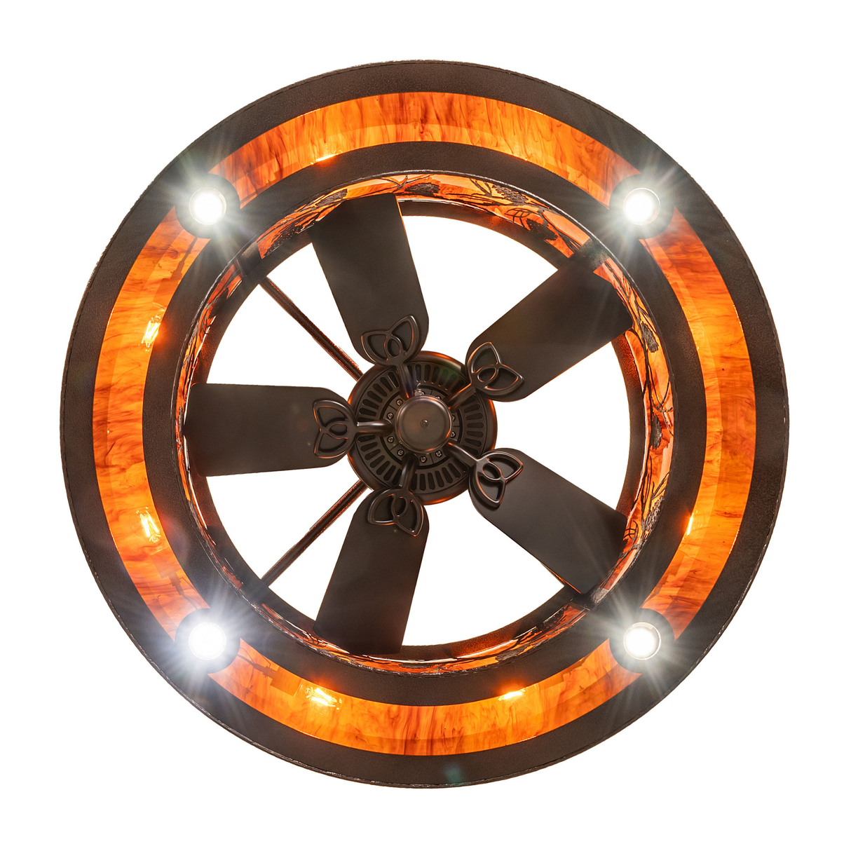 Bottom view of Whispering Pines chandelier fan with lights on.