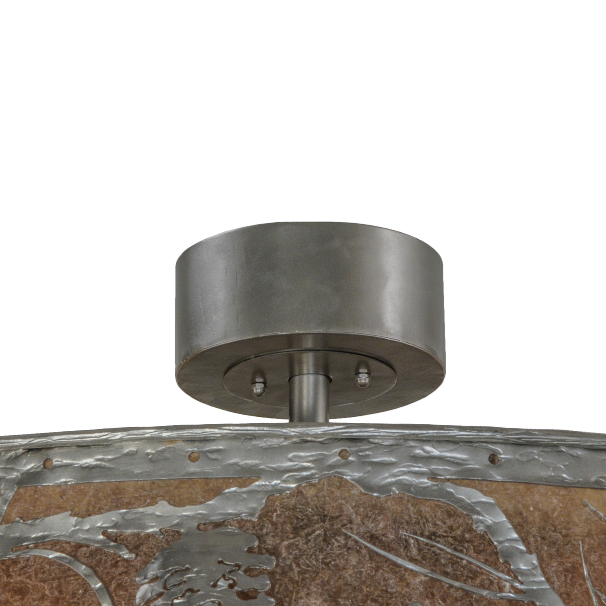 Closeup of ceiling canopy and downrod in brushed nickel finish.