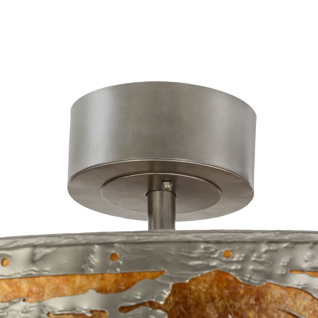Closeup of canopy and suspension rod in brushed nickel finish.