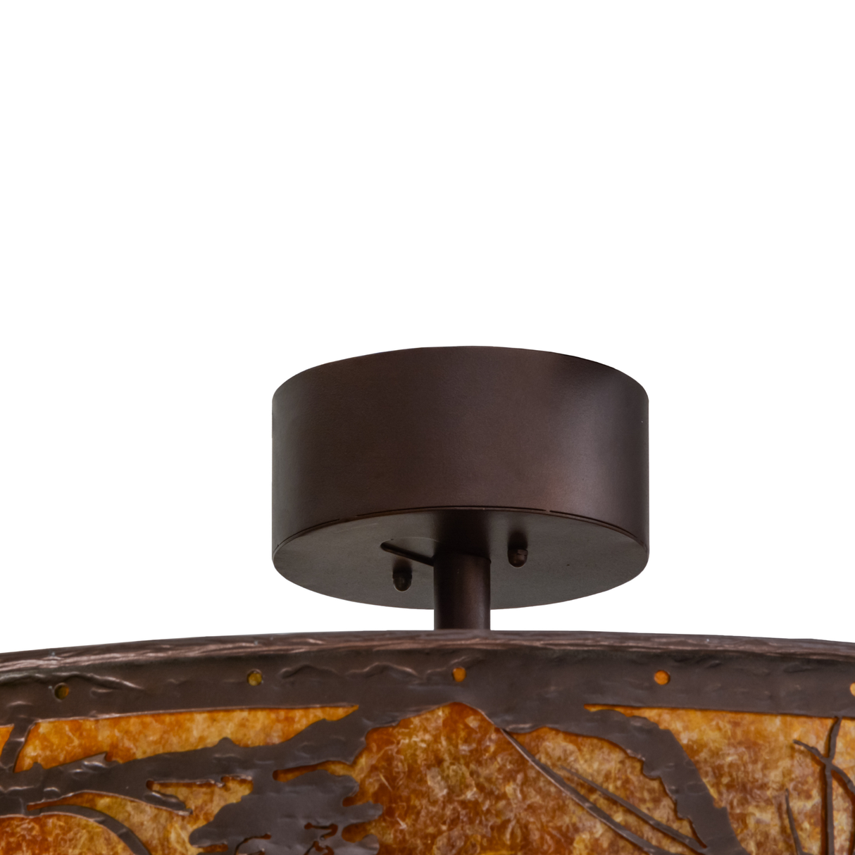 Closeup of ceiling canopy in bronze finish.
