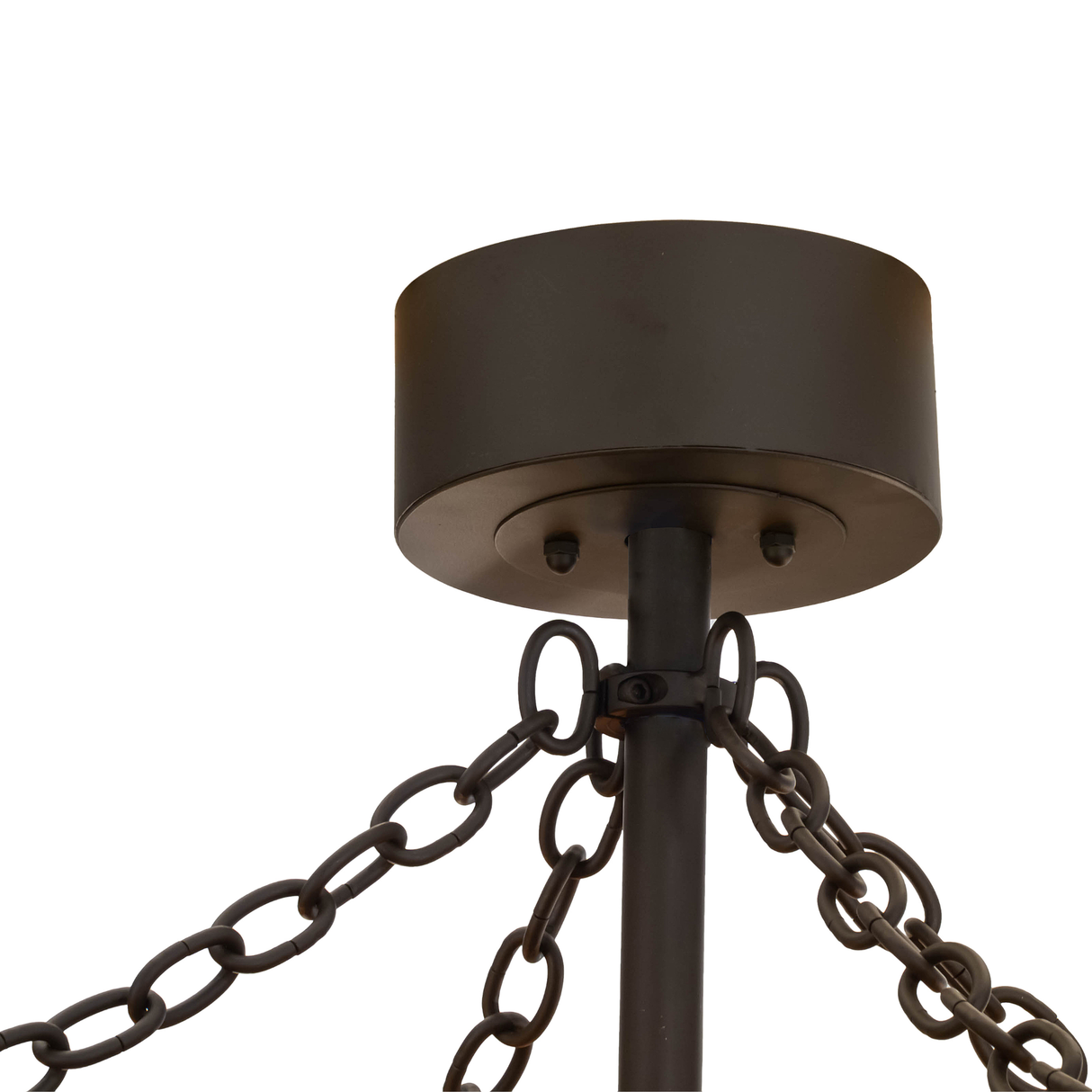 Closeup of canopy and hanging chains in bronze finish.