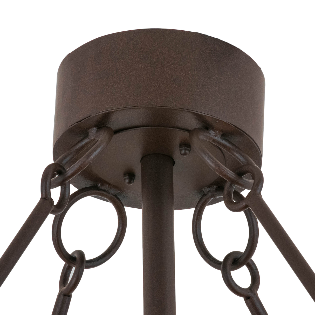 Closeup of ceiling canopy and linked chain suspension in bronze finish.
