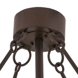 Closeup of ceiling canopy and linked chain suspension in bronze finish.
