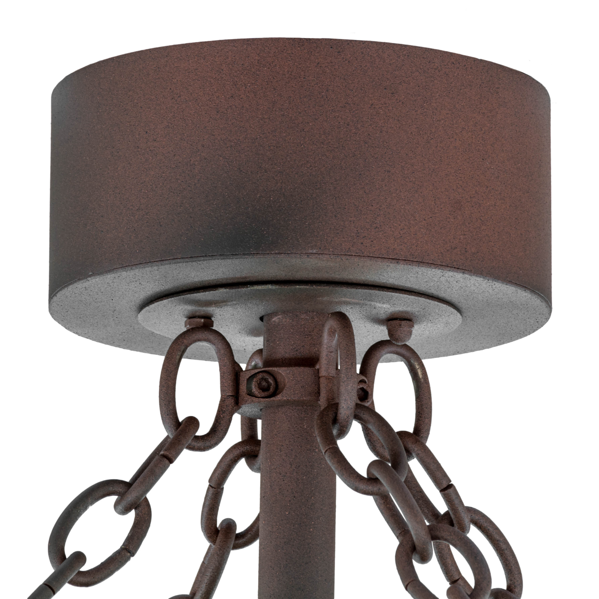 Ceiling canopy detail with rustic metal chain finish.