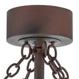 Ceiling canopy detail with rustic metal chain finish.