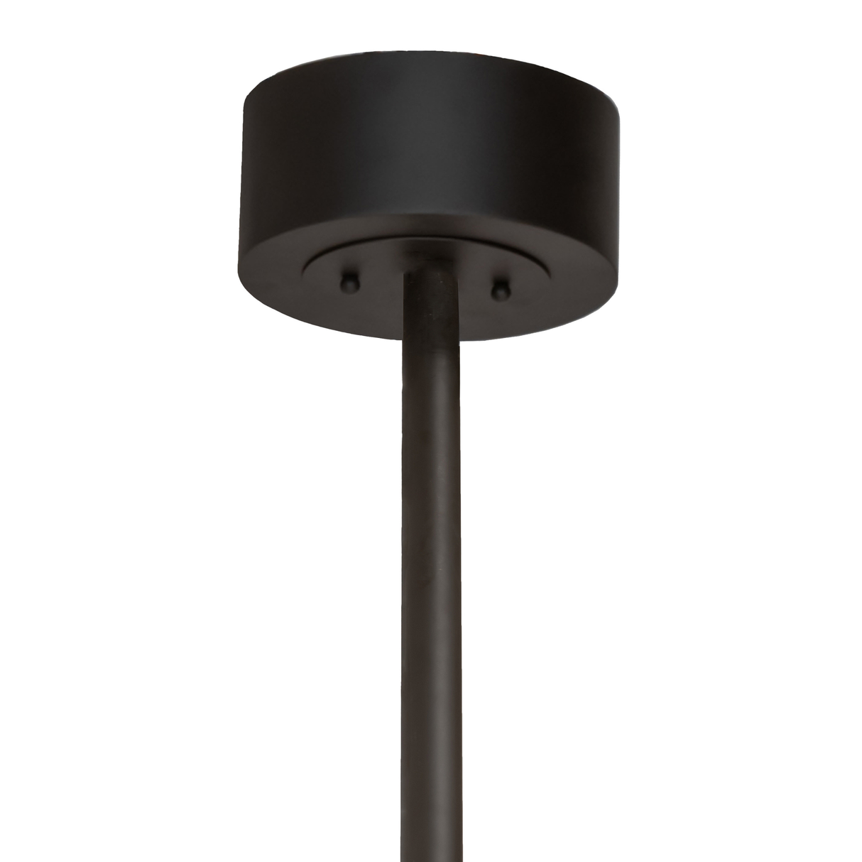 Close-up of dark bronze ceiling canopy and downrod with smooth matte finish.
