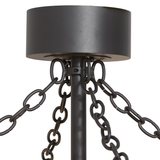 Ceiling canopy and chain detail of Whispering Pines chandelier fan in wrought iron finish.