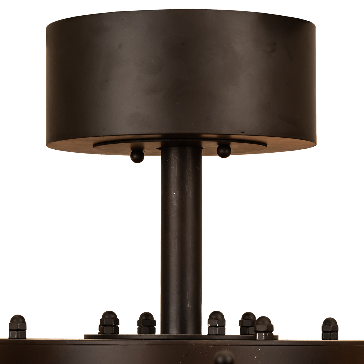 Close-up of Whispering Pines Chandel-Air canopy and rod in Oil Rubbed Bronze finish.