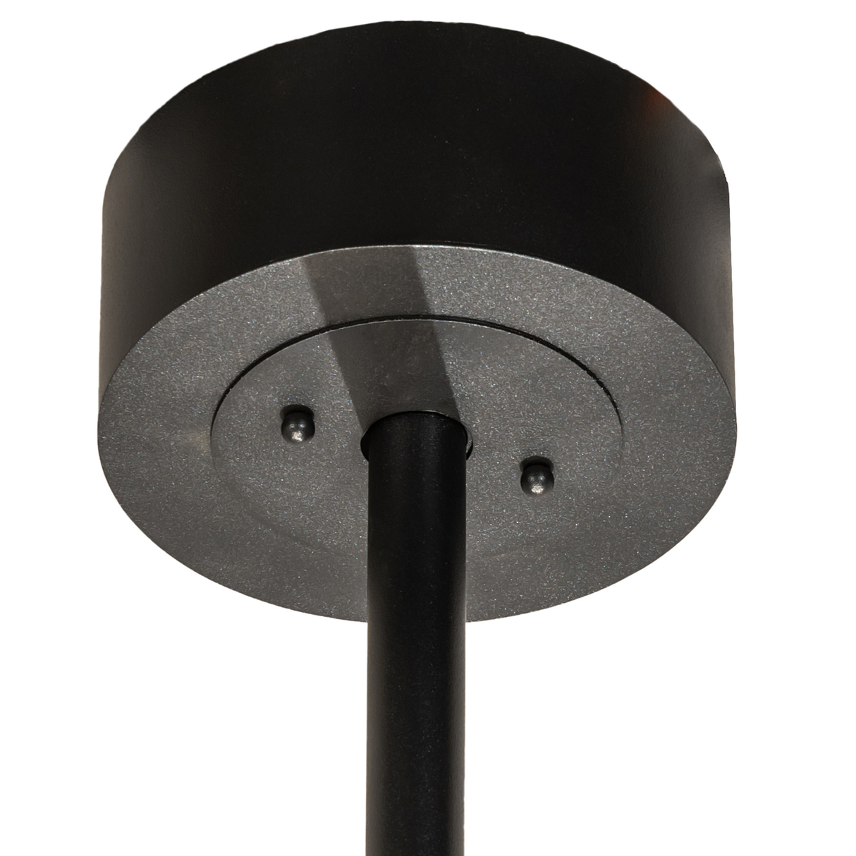 Ceiling canopy close-up showing sturdy black finish and clean hardware details.