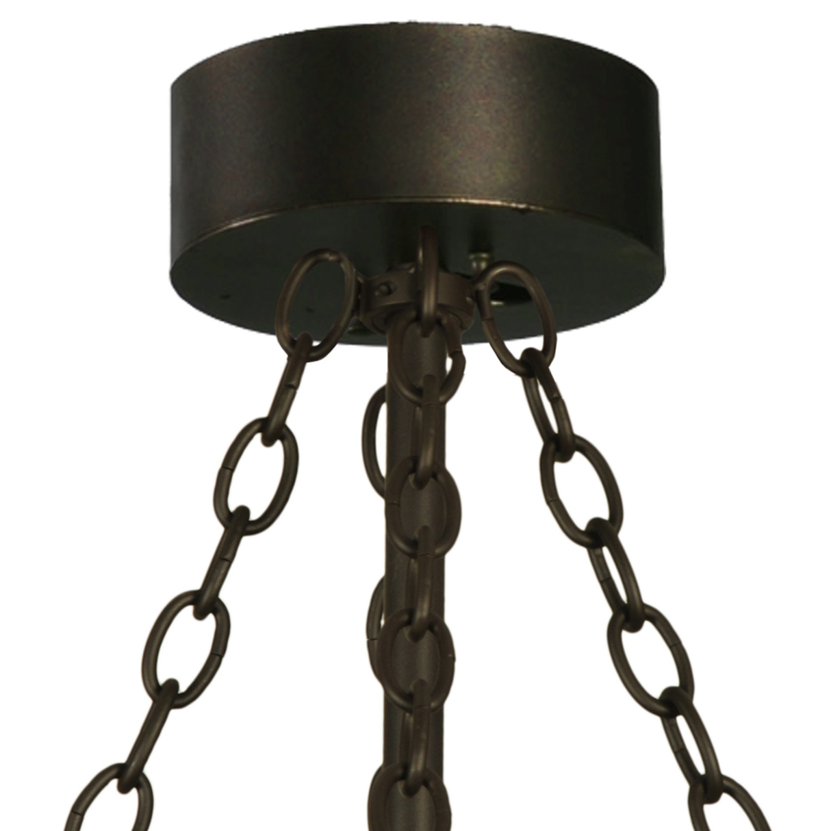 Close-up of bronze ceiling canopy and hanging chain hardware.