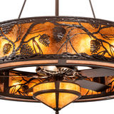 Closeup of pinecone motif and amber mica illumination.