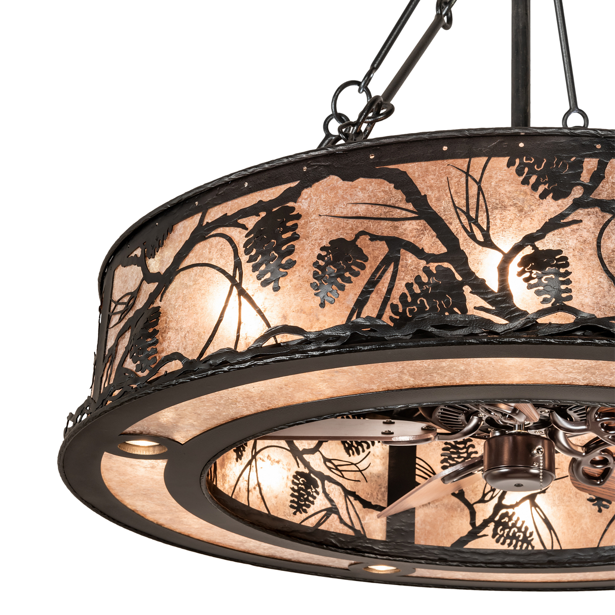 Close-up of handcrafted pinecone detailing on mica shade.