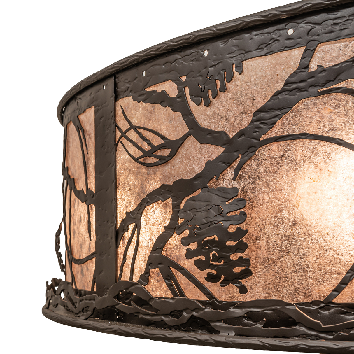 Close-up of Whispering Pines Chandel-Air showing pinecone metalwork and mica panel.